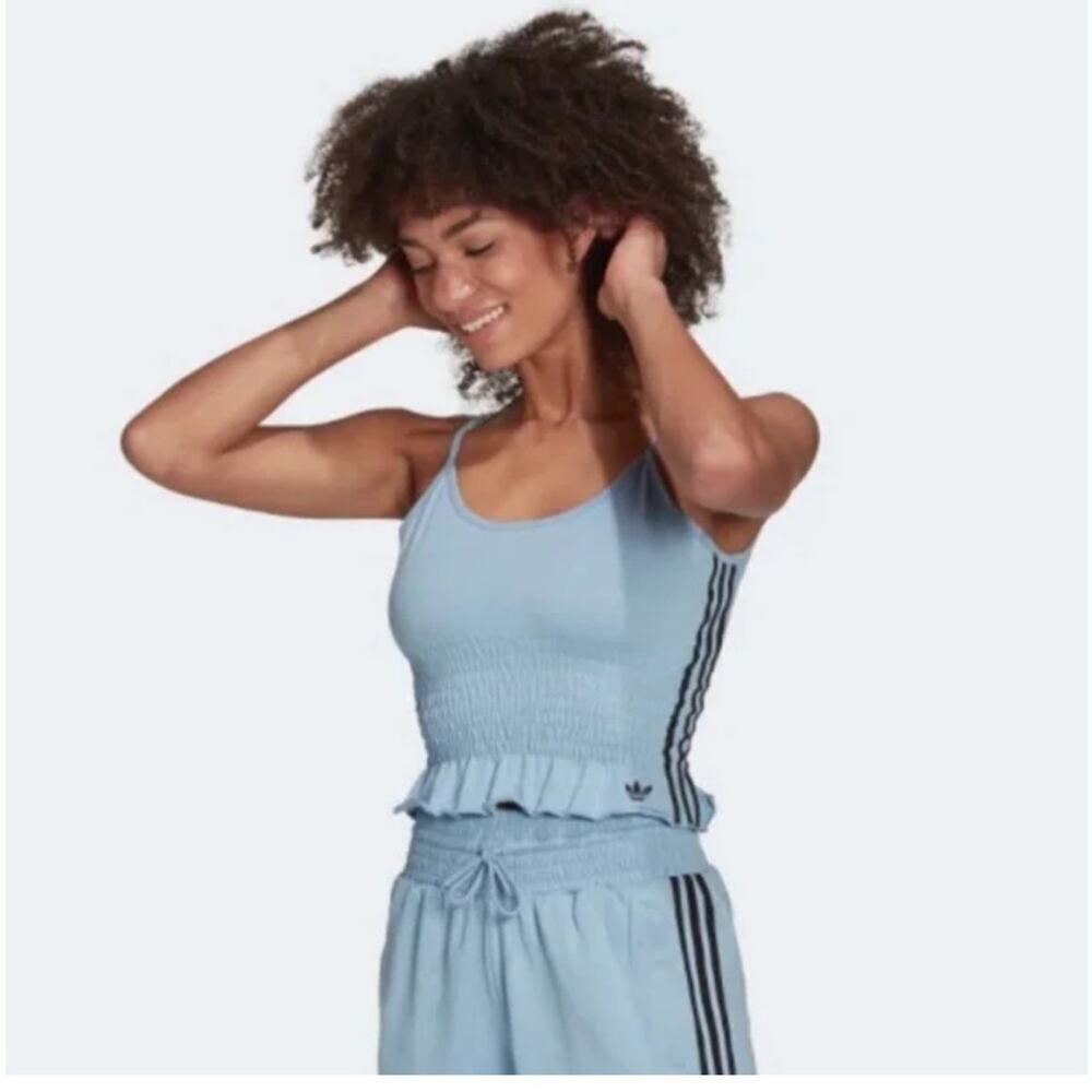 NWOT- Blue Adidas Smocked Top with 3 stripes